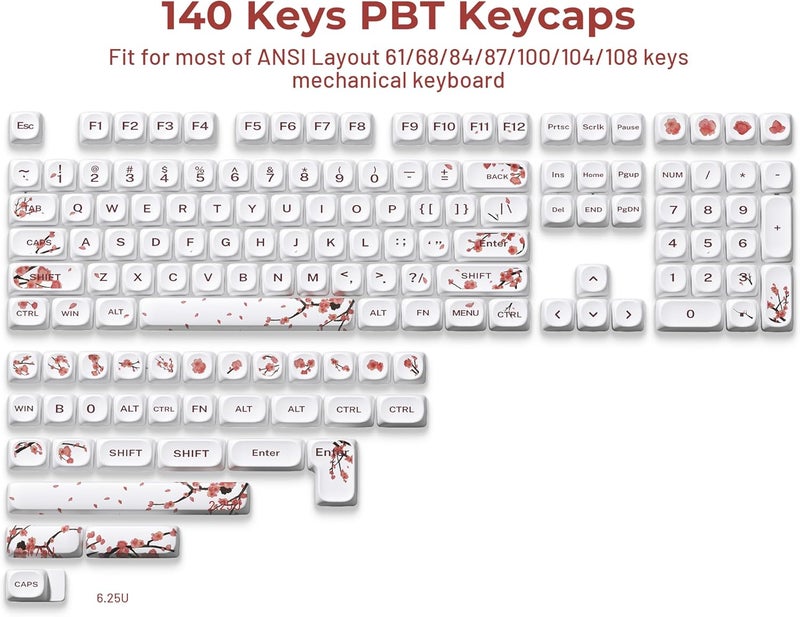 OHY XVX MOA Profile Cherry Blossom PBT Keycaps, 140-Key Dye-Sub Keycaps for ANSI/ISO Layout (Compatible with Cherry MX Switches & GK61/68/87/96/104/108, Includes 6.25u Spacebar) - Image 2
